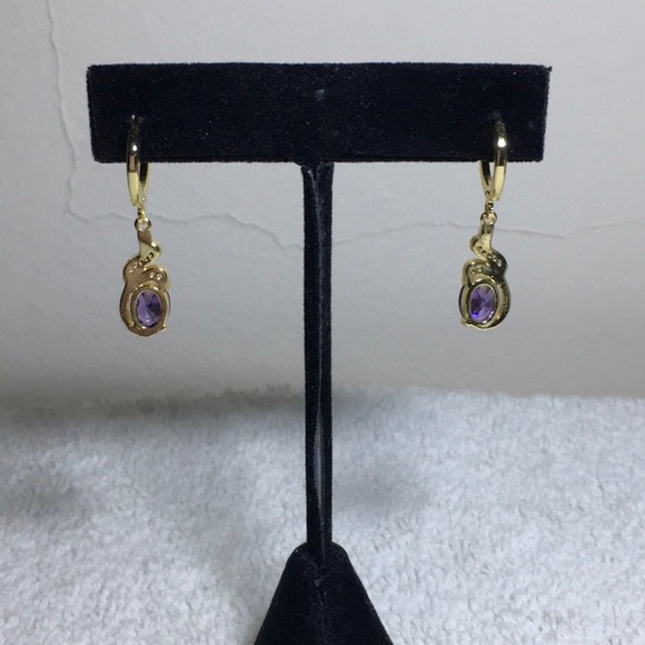 Costume Dangling Earrings with Purple and Clear Rhinestones in Goldtone - Picture 4 of 5